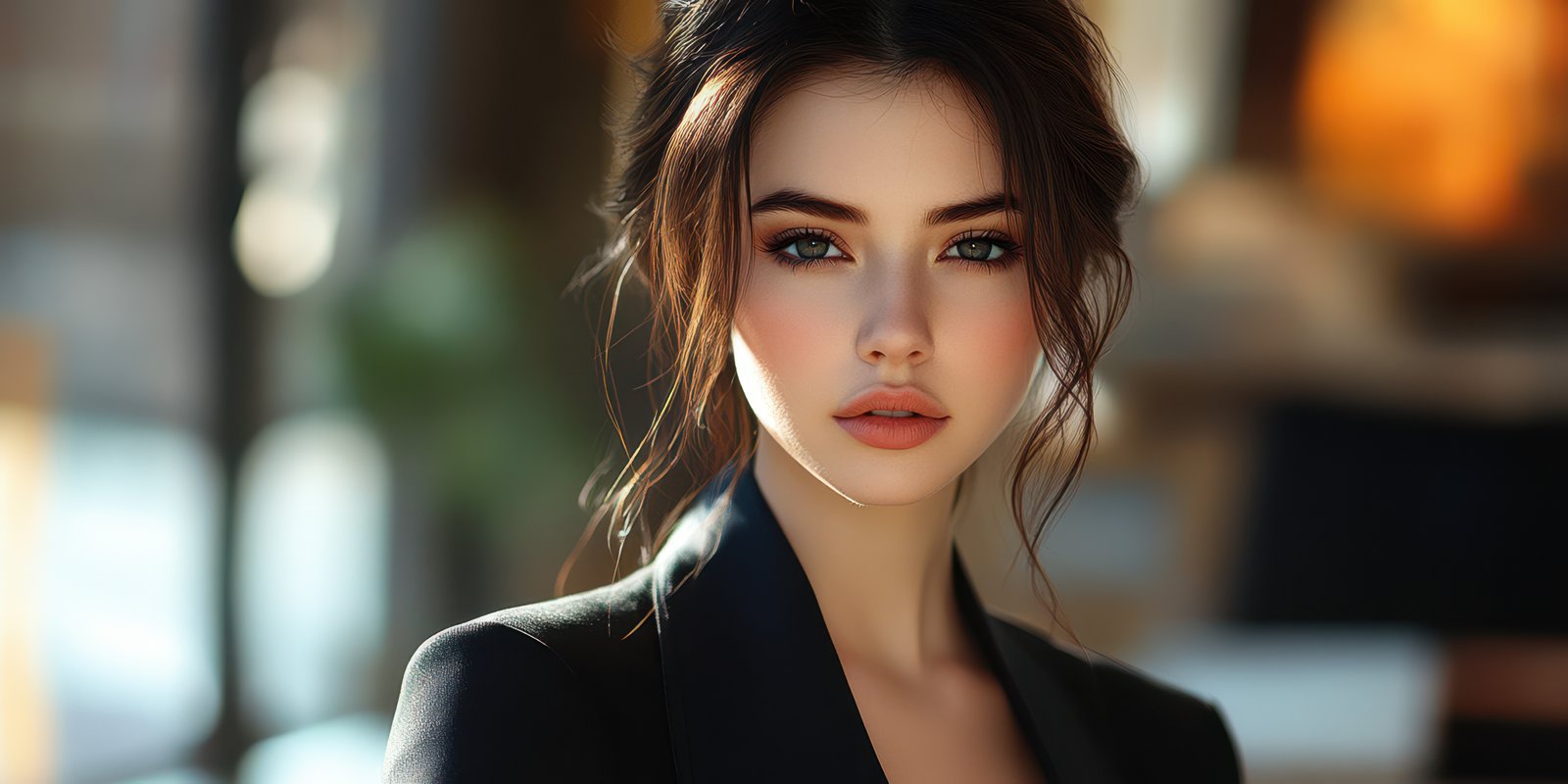 Capturing serene beauty in a well-lit indoor setting with soft natural light illuminating the subject's features